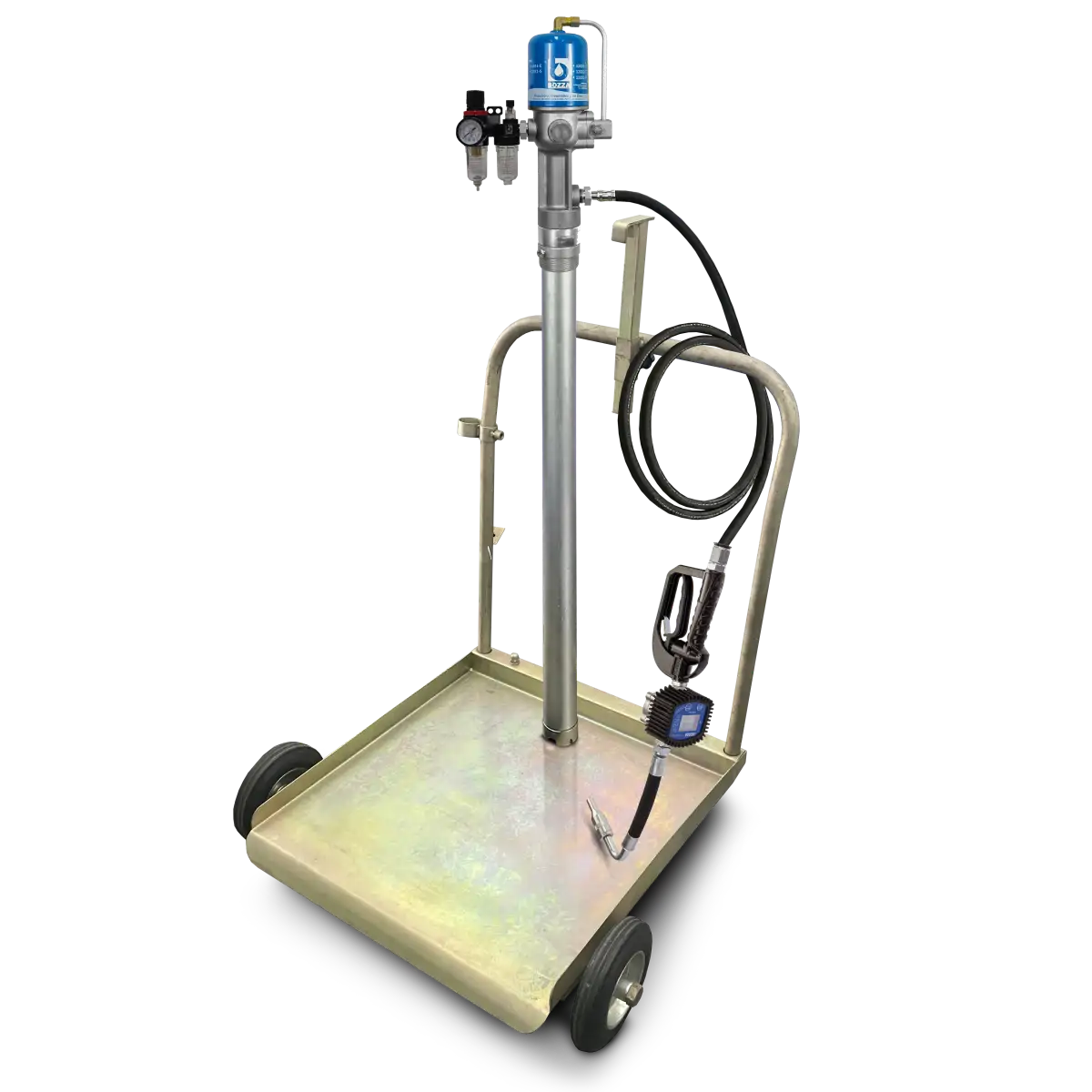 Carrito porta tambor con propulsora, pistola y 2.5 mts manguera de aceite con Medidor Bozza